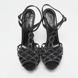 Sergio Rossi Black Satin Crystal Embellished Strappy Platform Sandals Size 37.5