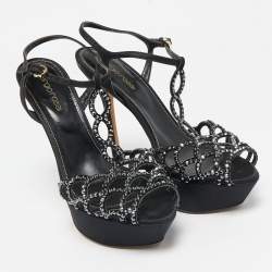 Sergio Rossi Black Satin Crystal Embellished Strappy Platform Sandals Size 37.5
