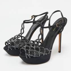 Sergio Rossi Black Satin Crystal Embellished Strappy Platform Sandals Size 37.5