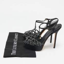 Sergio Rossi Black Satin Crystal Embellished Strappy Platform Sandals Size 37.5