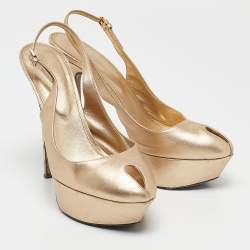 Sergio Rossi Gold Leather Peep Toe Platform Slingback Sandals Size 38