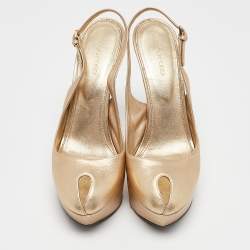 Sergio Rossi Gold Leather Peep Toe Platform Slingback Sandals Size 38