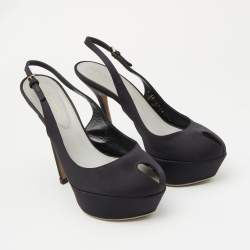 Pre Owned Sergio Rossi Black Satin Slingback Peep Toe Pumps Size 37.5