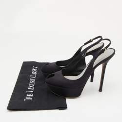 Pre Owned Sergio Rossi Black Satin Slingback Peep Toe Pumps Size 37.5