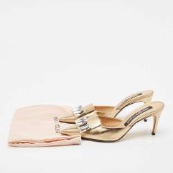 Pre Owned Sergio Rossi Gold Leather Crystal Embellished Mules Size 39
