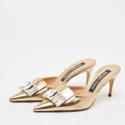 Pre Owned Sergio Rossi Gold Leather Crystal Embellished Mules Size 39