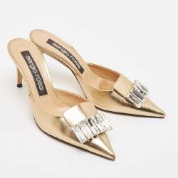 Pre Owned Sergio Rossi Gold Leather Crystal Embellished Mules Size 39