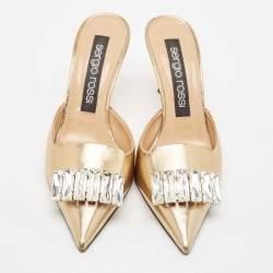 Pre Owned Sergio Rossi Gold Leather Crystal Embellished Mules Size 39