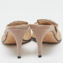 Pre Owned Sergio Rossi Beige Mesh Crystal Embellished Mules Size 39.5