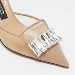 Pre Owned Sergio Rossi Beige Mesh Crystal Embellished Mules Size 39.5