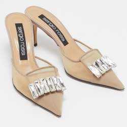 Pre Owned Sergio Rossi Beige Mesh Crystal Embellished Mules Size 39.5