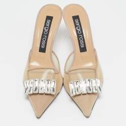 Pre Owned Sergio Rossi Beige Mesh Crystal Embellished Mules Size 39.5