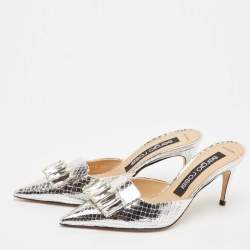 Pre Owned Sergio Rossi Silver Snakeskin Embossed Leather Crystal Embellished Mules Size 38