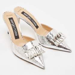 Pre Owned Sergio Rossi Silver Snakeskin Embossed Leather Crystal Embellished Mules Size 38