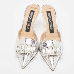 Pre Owned Sergio Rossi Silver Snakeskin Embossed Leather Crystal Embellished Mules Size 38