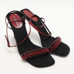 Sergio Rossi Red Leather and Python Ankle Strap Sandals Size 40