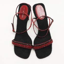 Sergio Rossi Red Leather and Python Ankle Strap Sandals Size 40