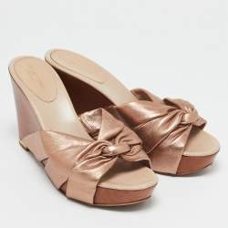 Pre Owned Sergio Rossi Rose Gold Leather Wedge Slide Sandals Size 40.5