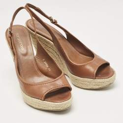 Sergio Rossi Brown Leather Espadrille Wedge Slingback Sandals Size 41