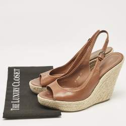 Sergio Rossi Brown Leather Espadrille Wedge Slingback Sandals Size 41