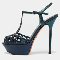 Sergio Rossi Metallic Blue/Green Cut Out Leather Platform Sandals Size 35