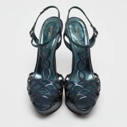 Sergio Rossi Metallic Blue/Green Cut Out Leather Platform Sandals Size 35