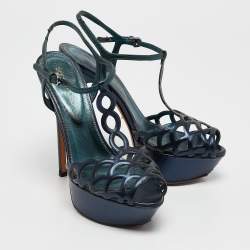 Sergio Rossi Metallic Blue/Green Cut Out Leather Platform Sandals Size 35