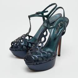 Sergio Rossi Metallic Blue/Green Cut Out Leather Platform Sandals Size 35