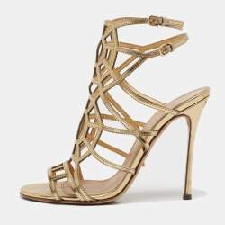 Sergio Rossi Gold Leather Cage Sandals Size 37