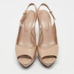 Sergio Rossi Beige Patent Leather Peep Toe Platform Slingback Pumps Size 36.5