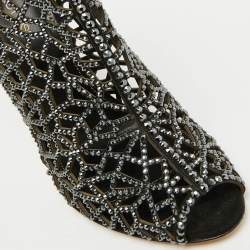 Sergio Rossi Black Suede Crystal Embellished Peep Toe Caged Booties Size 37.5