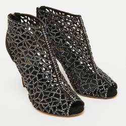 Sergio Rossi Black Suede Crystal Embellished Peep Toe Caged Booties Size 37.5