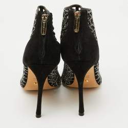 Sergio Rossi Black Suede Crystal Embellished Peep Toe Caged Booties Size 37.5