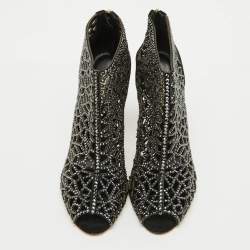 Sergio Rossi Black Suede Crystal Embellished Peep Toe Caged Booties Size 37.5
