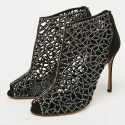 Sergio Rossi Black Suede Crystal Embellished Peep Toe Caged Booties Size 37.5