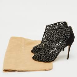 Sergio Rossi Black Suede Crystal Embellished Peep Toe Caged Booties Size 37.5