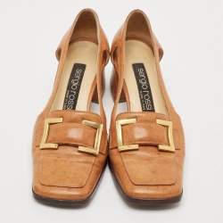 Sergio Rossi Tan Leather Buckle Detailed Square Toe Pumps Size 36