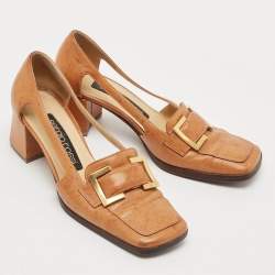 Sergio Rossi Tan Leather Buckle Detailed Square Toe Pumps Size 36