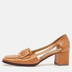 Sergio Rossi Tan Leather Buckle Detailed Square Toe Pumps Size 36