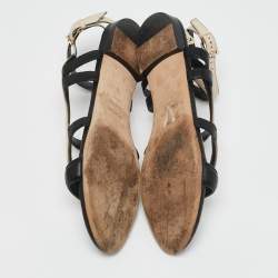 Sergio Rossi Beige/Black Leather Ankle Strap Flat Sandals Size 39