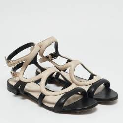 Sergio Rossi Beige/Black Leather Ankle Strap Flat Sandals Size 39