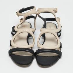 Sergio Rossi Beige/Black Leather Ankle Strap Flat Sandals Size 39