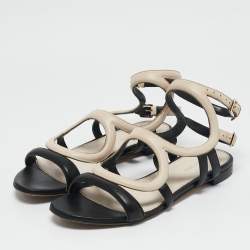 Sergio Rossi Beige/Black Leather Ankle Strap Flat Sandals Size 39