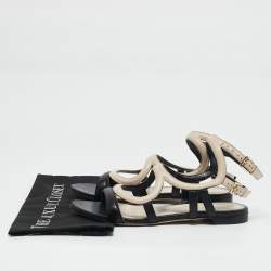 Sergio Rossi Beige/Black Leather Ankle Strap Flat Sandals Size 39