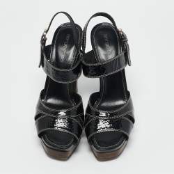 Sergio Rossi Black Patent Leather Platform Ankle Strap Sandals Size 37.5