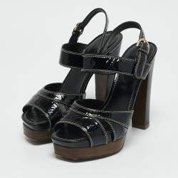 Sergio Rossi Black Patent Leather Platform Ankle Strap Sandals Size 37.5