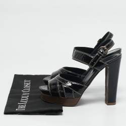 Sergio Rossi Black Patent Leather Platform Ankle Strap Sandals Size 37.5