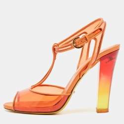 Sergio Rossi Orange Patent Leather and PVC Open Toe T-Strap Sandals Size 37