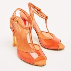 Sergio Rossi Orange Patent Leather and PVC Open Toe T-Strap Sandals Size 37