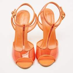 Sergio Rossi Orange Patent Leather and PVC Open Toe T-Strap Sandals Size 37